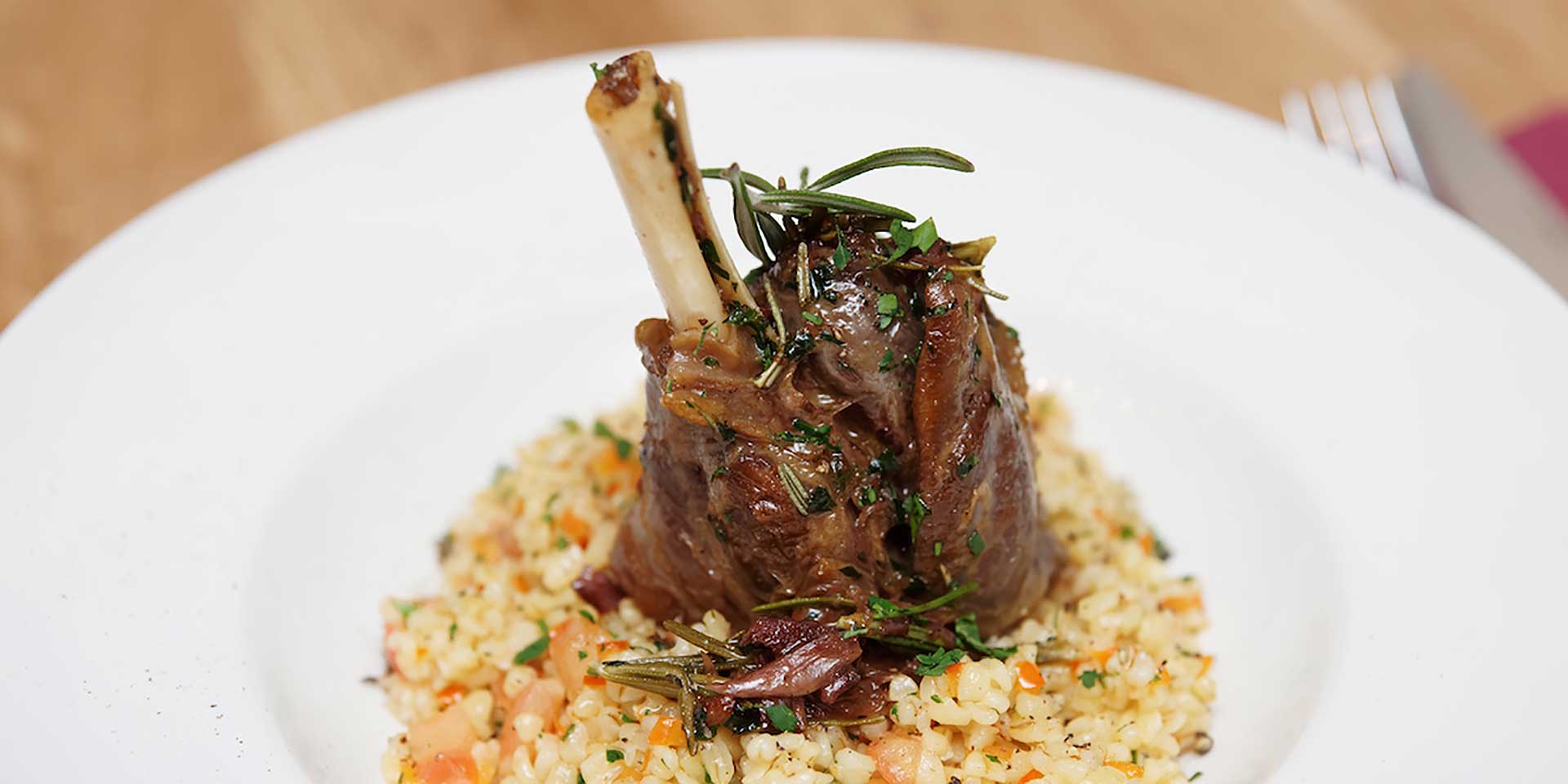 Rosemary Braised Lamb Shanks with Spiced Bulgur